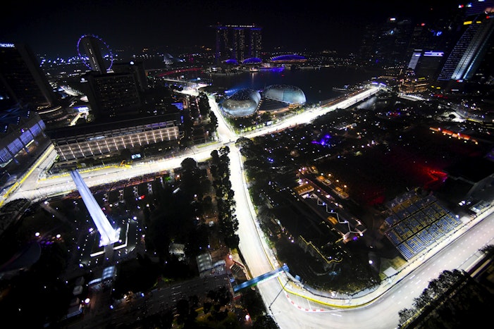 A birds eye view of the illuminated Marina Bay Street Circuit, Singapore Grand Prix, Spectate Travel