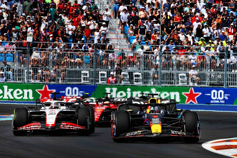 Max Verstappen battles with Nico Hulkenberg in the Miami Grand Prix